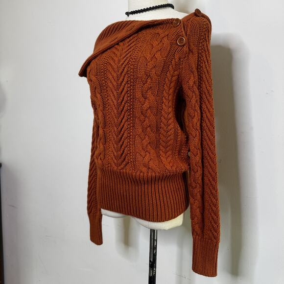 Vintage Y2K Rust Chunky Cable Knit Sweater Off The Shoulder Bardot Prep Cute S - Picture 2 of 7